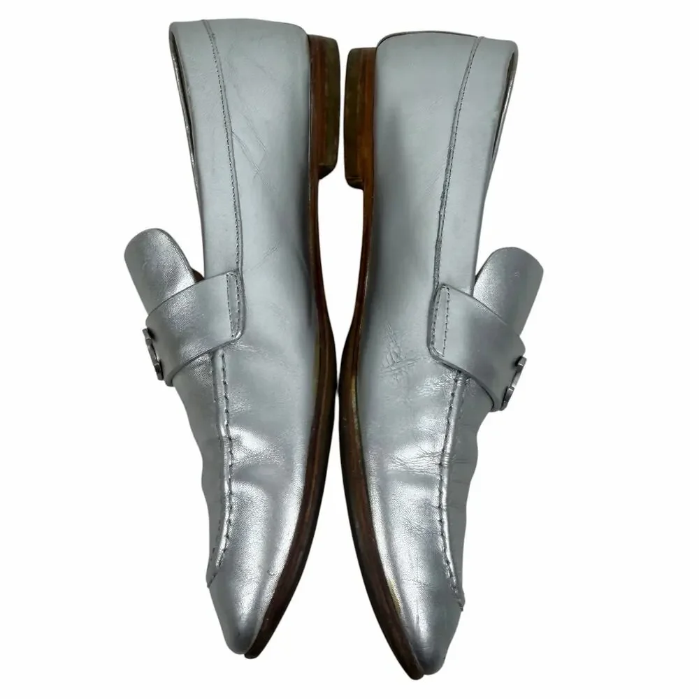 Chanel Interlocking CC Logo Metallic Leather Loafer Silver Size 38C
